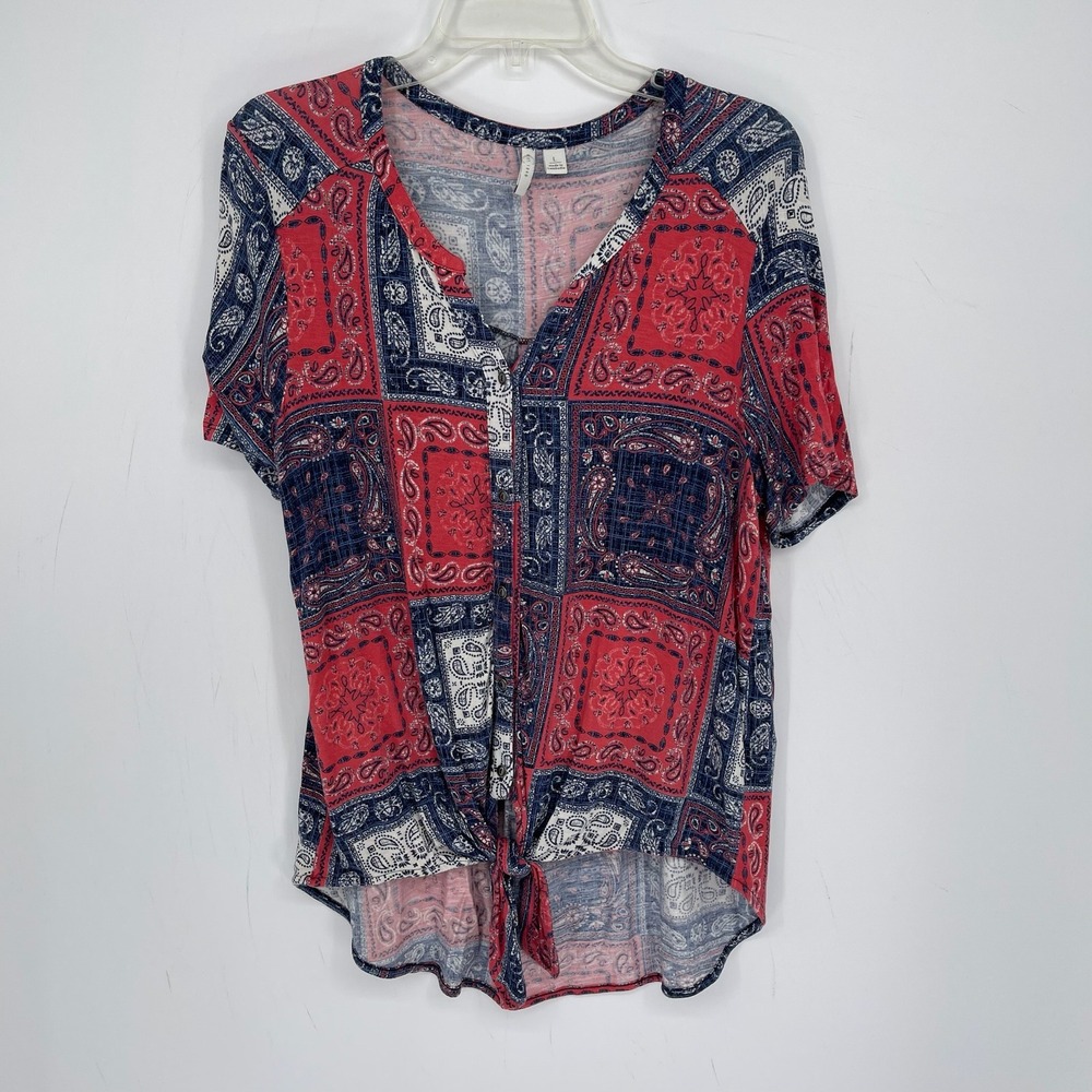 EST 1946 Women's Red Blue Paisley Bandana Print Tie Button Front Boho Top Size L